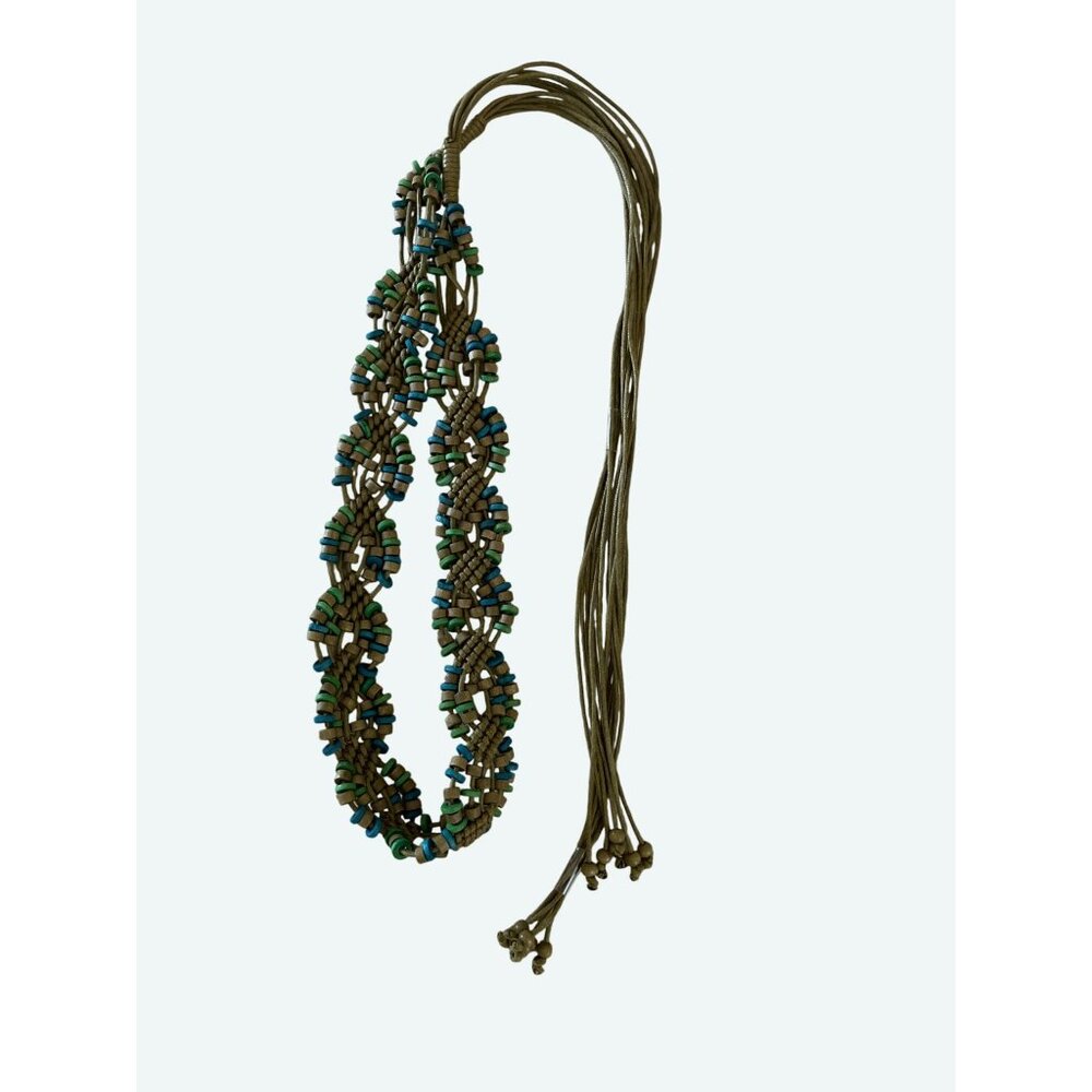 Vintage Wooden Beaded Macrame Corded Belt Brown Green‎ Western Boho Tie Waist